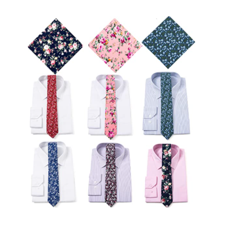 Floral Ties for Men Flower Print Slim Cotton Tie Skinny Necktie Pocket Square Set for Parties