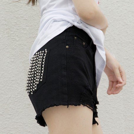 Rhinestone pocket black hole burr wild denim shorts hot pants