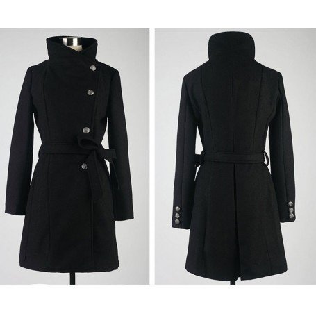 Belted woolen coat with slim collar