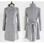 Belted woolen coat with slim collar