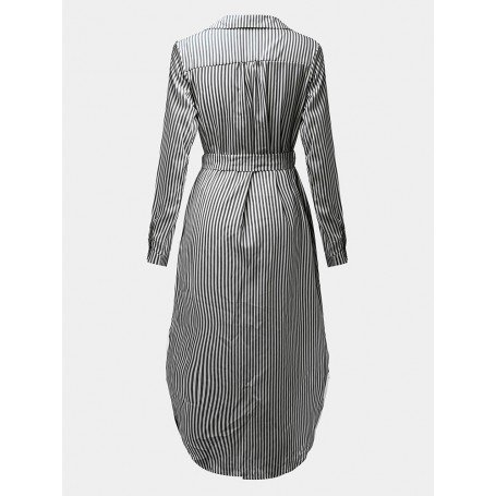Casual Women Turndown Collar Adjustable Sleeve Side Split Striped Shirt Dresses
