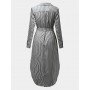 Casual Women Turndown Collar Adjustable Sleeve Side Split Striped Shirt Dresses