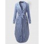 Casual Women Turndown Collar Adjustable Sleeve Side Split Striped Shirt Dresses
